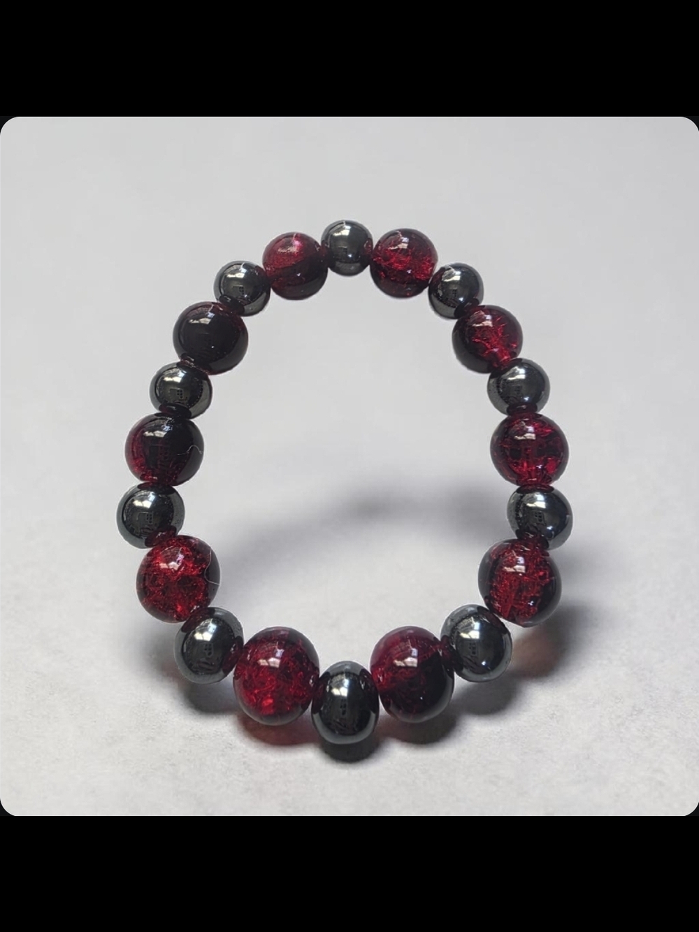 Hematite and Red Cracked Glass Beaded Stretch Bracelet